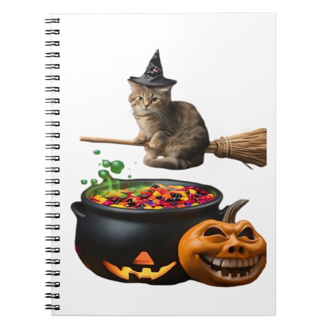 Cuaderno Gato en un bastón de escoba en Halloween. Camiseta (Frente)