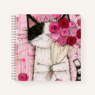 Cuaderno Gato Esmoquin Sosteniendo Ramo de Rosas Rosadas