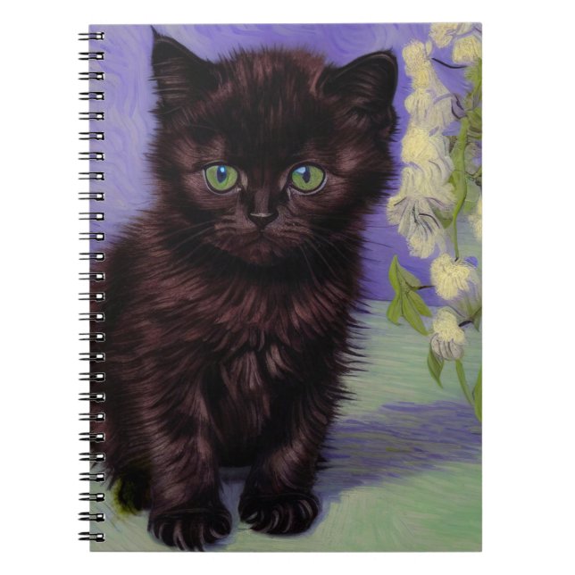 Cuaderno Gato estilo Van Gogh con flores blancas (Frente)