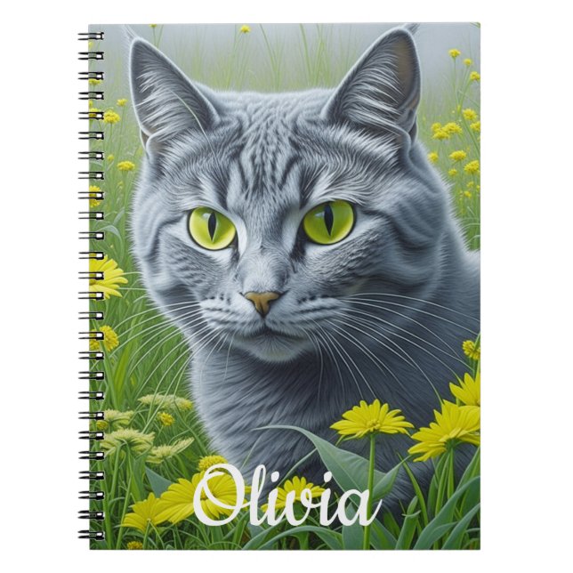 Cuaderno Gato gris blanco con ojos amarillos personalizado (Frente)