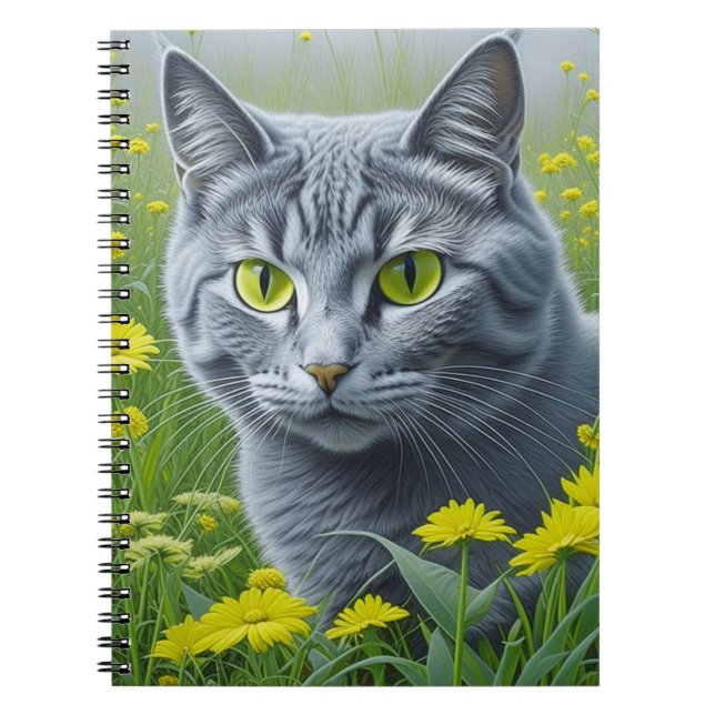 Cuaderno Gato gris blanco con ojos amarillos y arte (Frente)