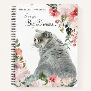 Cuaderno Gato Gris Floral Cita y Monograma Acuarela