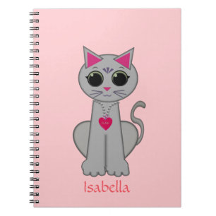 Cuaderno Gato gris lindo y caligrafía de nombre en rosa