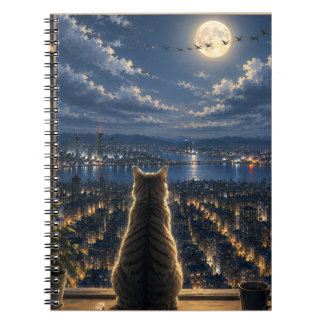 Cuaderno Gato iluminado por la luna mirando la ventana noct