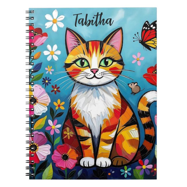 Cuaderno Gato Impasto, Flores y Mariposa Personalizado (Frente)