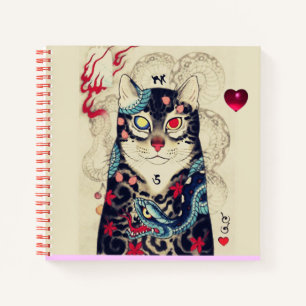 Cuaderno GATO JAPONÉS EN TATUAJE DE SERPIENTE ,Corazón Rojo