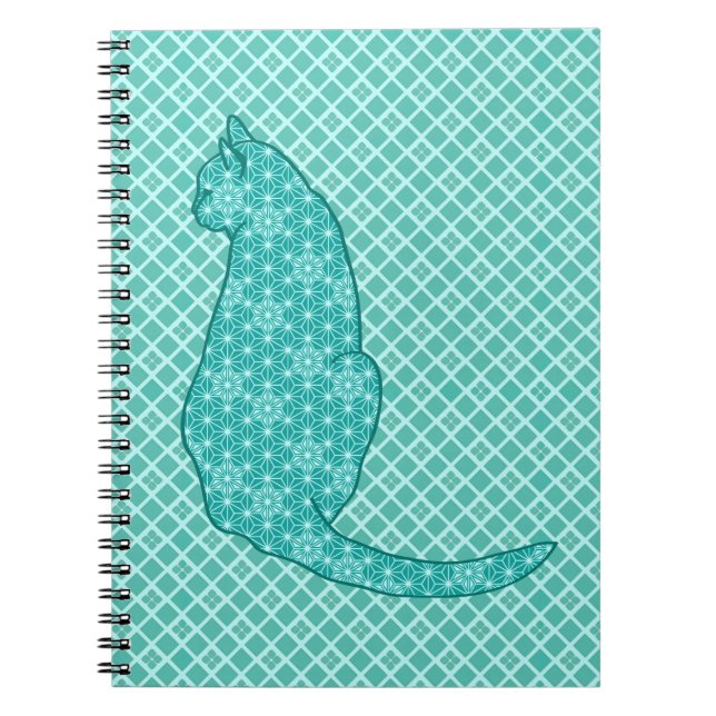 Cuaderno Gato japonés - Impresión de kimono turquesa (Frente)