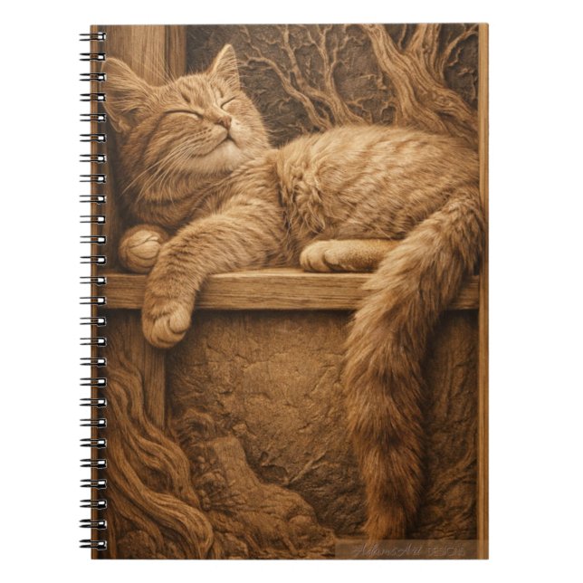 Cuaderno Gato Jengibre Durmiendo en Estilo Xilografía Rústi (Frente)