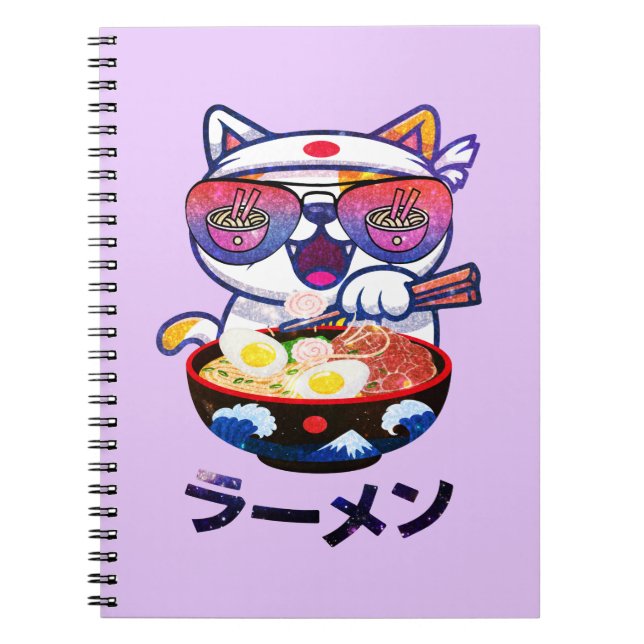 Cuaderno Gato Kawaii comiendo Ramen - Aburridos fideos japo (Frente)