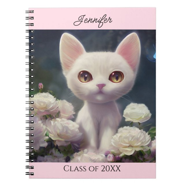 Cuaderno Gato Kitty Rosas Blancas Personalizadas Regalo de  (Frente)