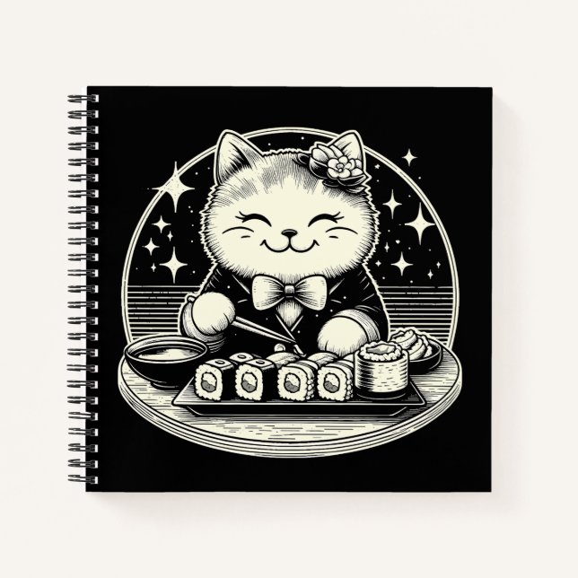 Cuaderno Gato lindo comiendo sushi japonés kawaii (Anverso)