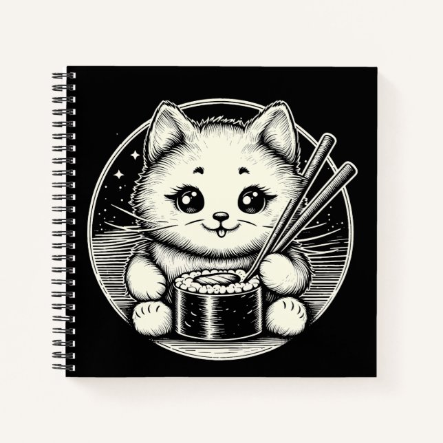 Cuaderno Gato lindo comiendo sushi japonés kawaii (Anverso)
