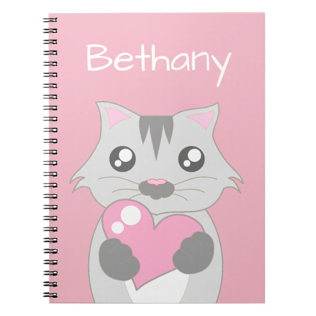 Cuaderno Gato lindo con el corazón rosado personalizado (Frente)