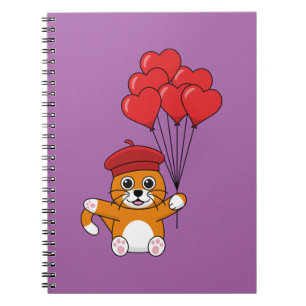Cuaderno Gato lindo con globos de corazón rojo