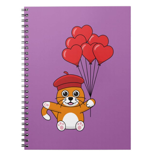 Cuaderno Gato lindo con globos de corazón rojo (Frente)