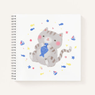 Cuaderno Gato lindo con pescado en ilustración de verano