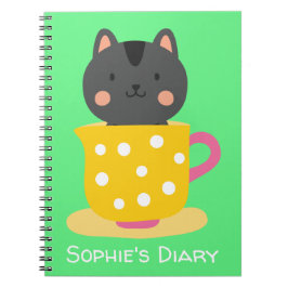 Cuaderno Gato lindo en taza de té caricatura en menta