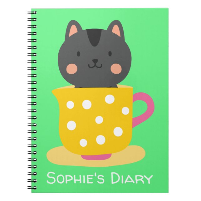 Cuaderno Gato lindo en taza de té caricatura en menta (Frente)