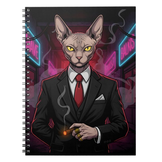 Cuaderno Gato Mafia Sphynx en Estilo Neon Noir (Frente)