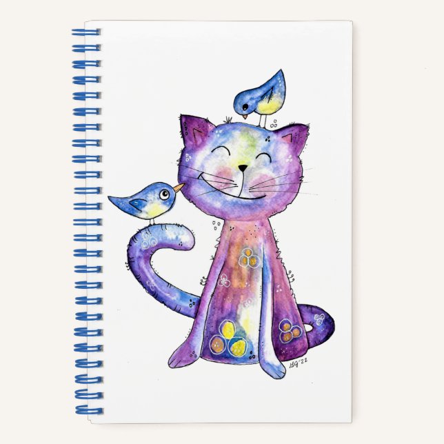 Cuaderno Gato malva chiflado con pájaros (Anverso)