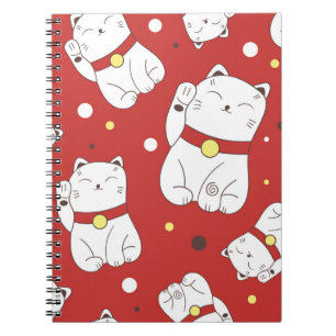 Cuaderno Gato Maneki-Neko, patrón de doodle japonés.