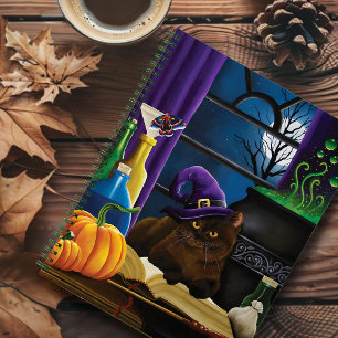 Cuaderno Gato marrón brujo magia púrpura luna llena prepara
