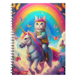 Cuaderno Gato montando un unicornio con arcoíris y mariposa