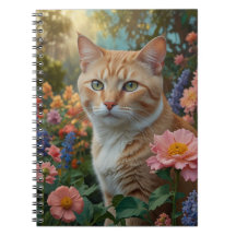 Gato naranja blanco bonito en jardín floral