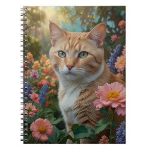 Cuaderno Gato naranja blanco bonito en jardín floral