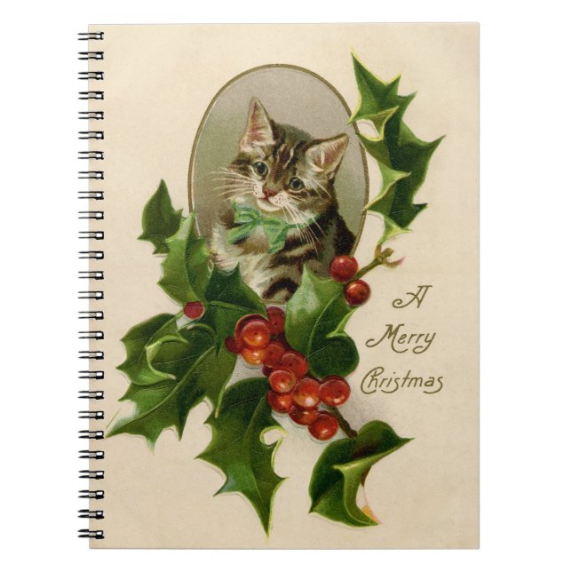 Cuaderno Gato Navidades Merry Holly Kitten Arte Antiguo (Frente)