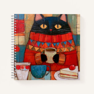 Cuaderno Gato negro acogedor bebiendo café en un café