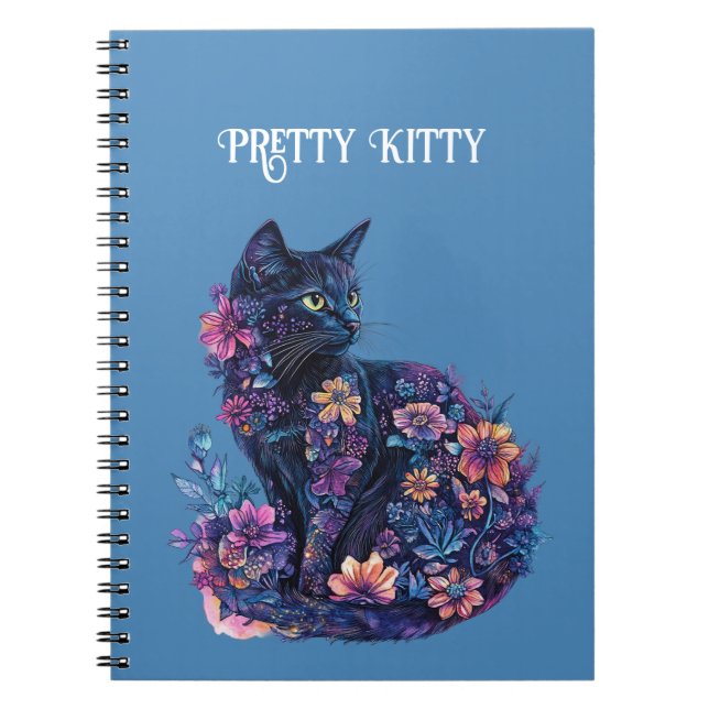 Cuaderno Gato negro azul flores gatito bonito (Frente)