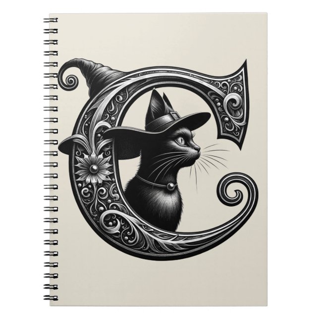 Cuaderno Gato Negro Bruja Brujería Letra C Hechizo Mágico (Frente)