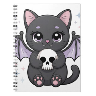 Cuaderno Gato negro con alas de murciélago moradas abrazand