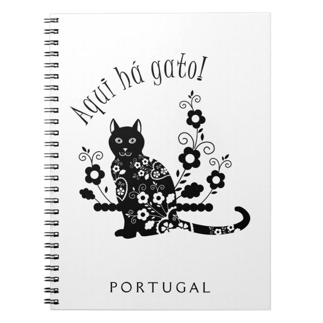 Cuaderno Gato negro con flores y expresión portuguesa (Frente)