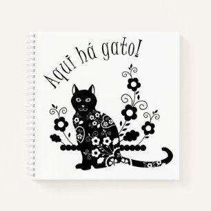 Cuaderno Gato negro con flores y expresión portuguesa