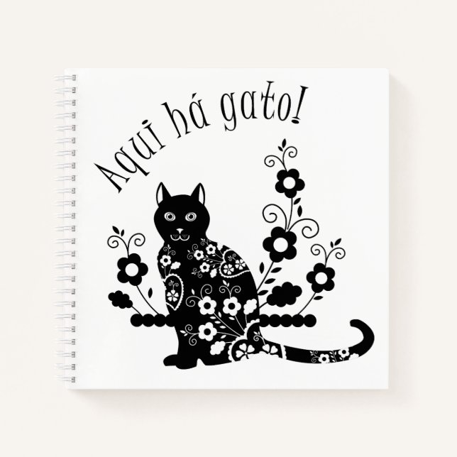 Cuaderno Gato negro con flores y expresión portuguesa (Anverso)