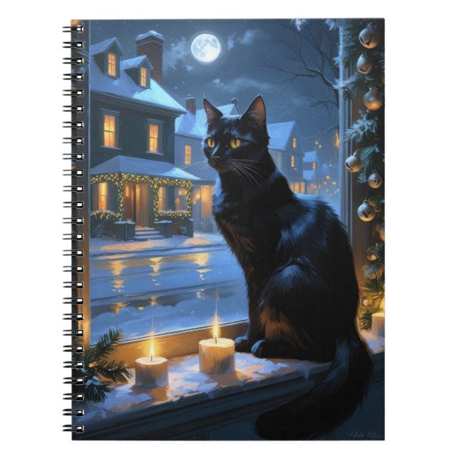Cuaderno Gato Negro Con Luces De Navidad Fiesta (Frente)