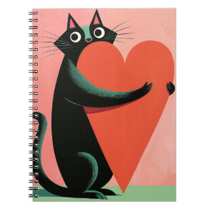Cuaderno Gato negro corazón adorable retro mediocentury