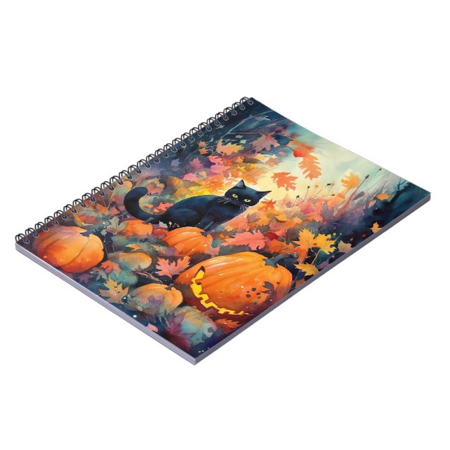 Cuaderno Gato negro de Halloween con calabazas aterradoras (Lado Izquierdo)