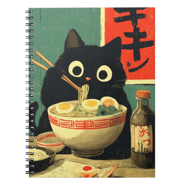 Cuaderno Gato negro divertido comiendo Ramen (Frente)
