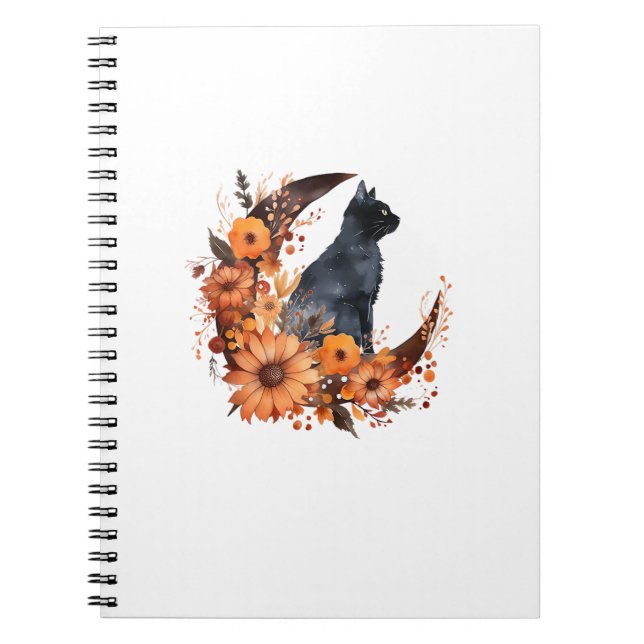 Cuaderno Gato negro en calabaza floral de la luna Halloween (Frente)