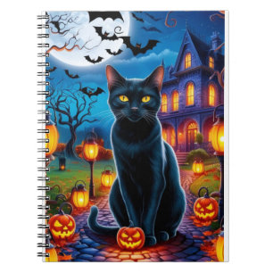Cuaderno Gato negro en el encantador paisaje de Halloween