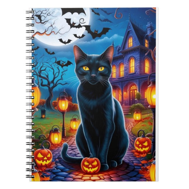 Cuaderno Gato negro en el encantador paisaje de Halloween (Frente)