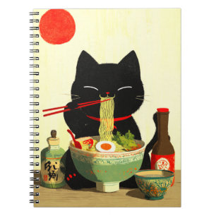 Cuaderno Gato negro feliz comiendo ramen   Ukiyo-e japonés