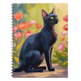 Cuaderno Gato negro | Gatito mascota acuarela flores pintad