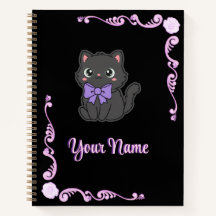 Gato negro kawaii con lazo púrpura borde de rosa g