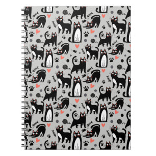 Cuaderno Gato negro lindo patrón sin fisuras en un gris cla