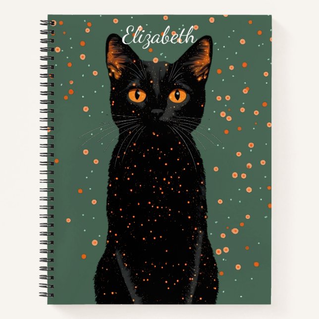 Cuaderno Gato negro místico con ojos Naranjas y Purpurina (Anverso)