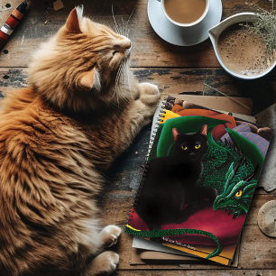 Cuaderno Gato negro místico Dragón verde esmeralda Fantasía